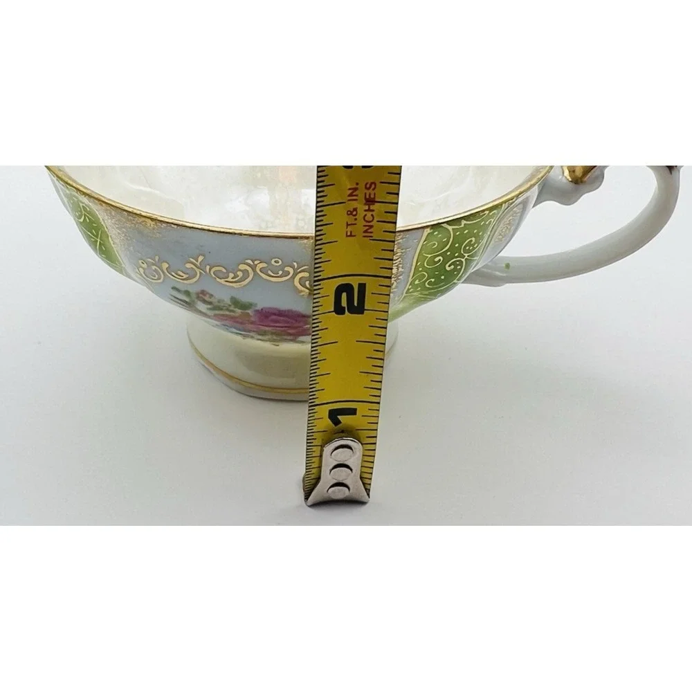 Wales Porcelain Teacup Saucer Lusterware Floral Green Gold Japan Vintage Set
